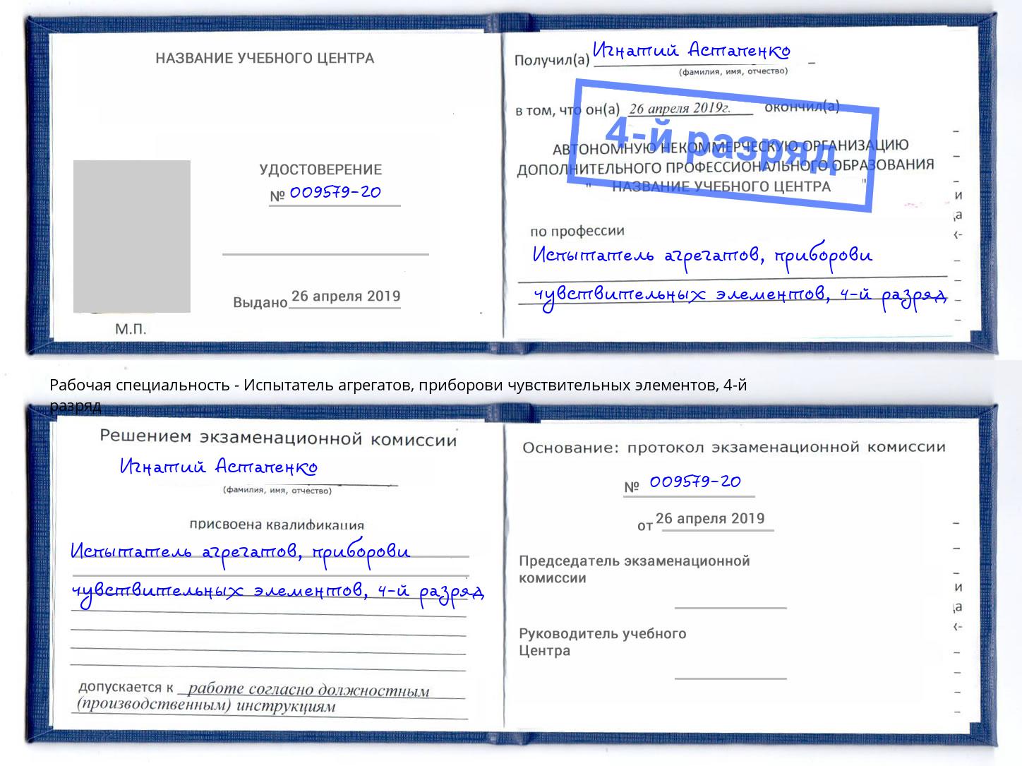 корочка 4-й разряд Испытатель агрегатов, приборови чувствительных элементов Алексеевка