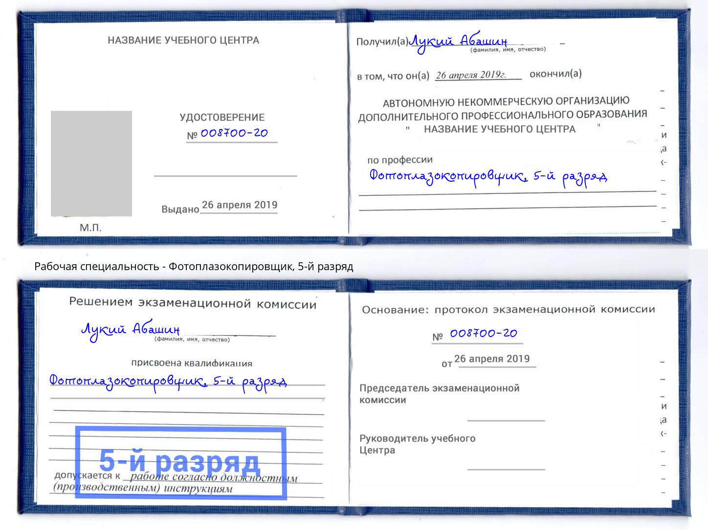 корочка 5-й разряд Фотоплазокопировщик Алексеевка