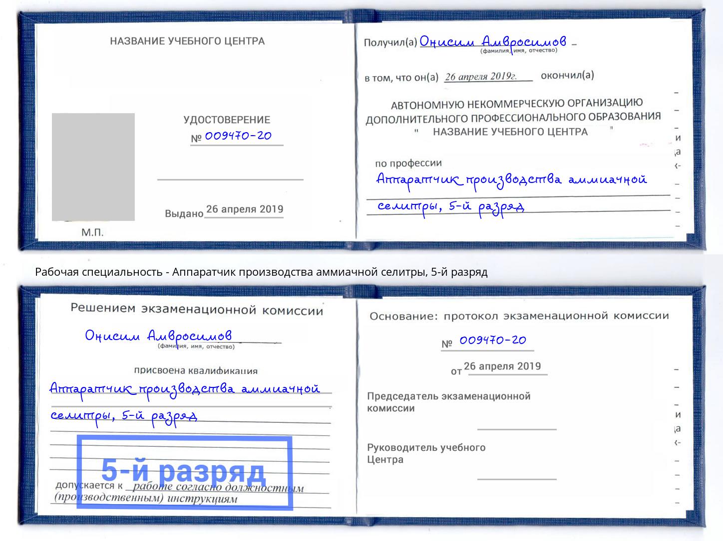 корочка 5-й разряд Аппаратчик производства аммиачной селитры Алексеевка