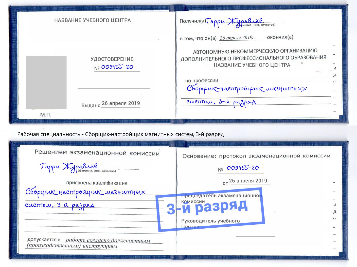 корочка 3-й разряд Сборщик-настройщик магнитных систем Алексеевка